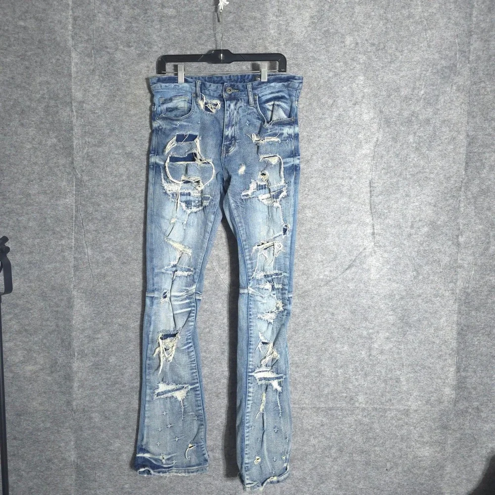 Smoke Rise Distressed Flare Jeans Men 30x36 Blue Streetwear Ripped Repaired Slim